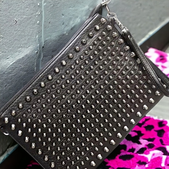 Unisex Black Studded Clutch Bag With Crossbody Shoulder Strap